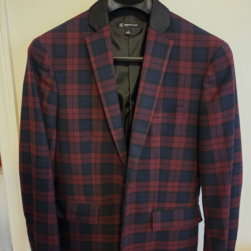 INC International Concepts Burgundy and Navy Plaid Blazer